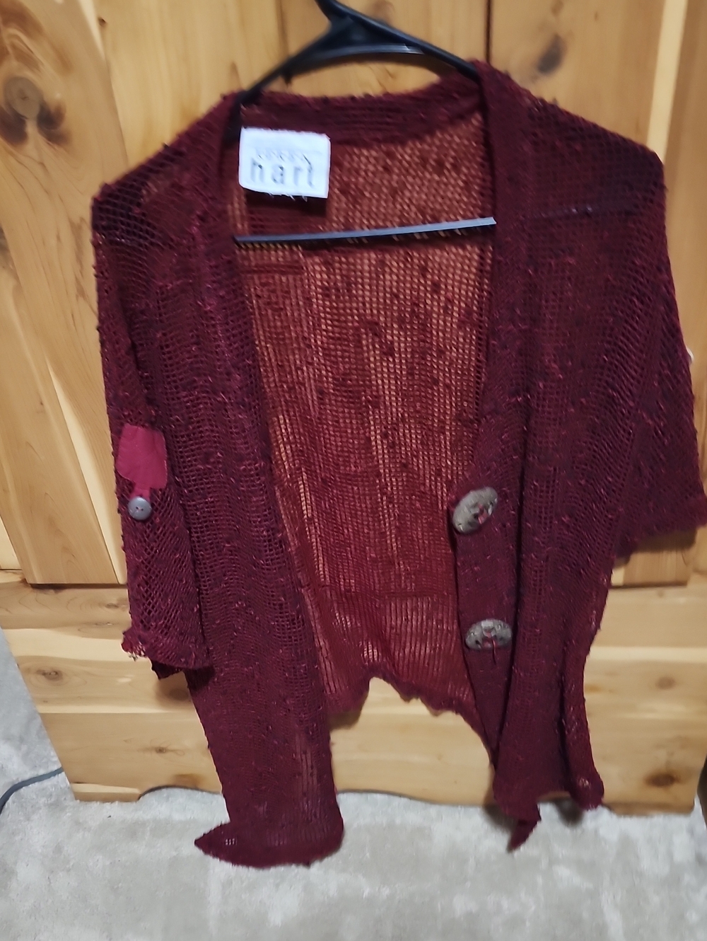 KEREN hart Burgundy Open-Weave Button Cardigan
